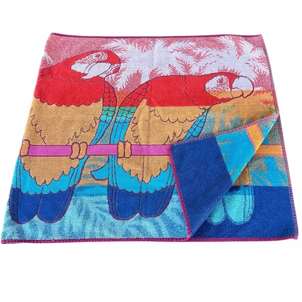 VTG Perched Parrots Palm Trees Retro Beach Towel Bright Colorful 26x55 NICE!